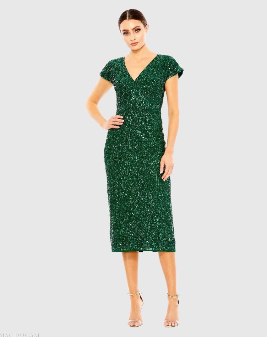 Dark Green Sequined Cap Sleeve Wrap Over Cocktail Dress