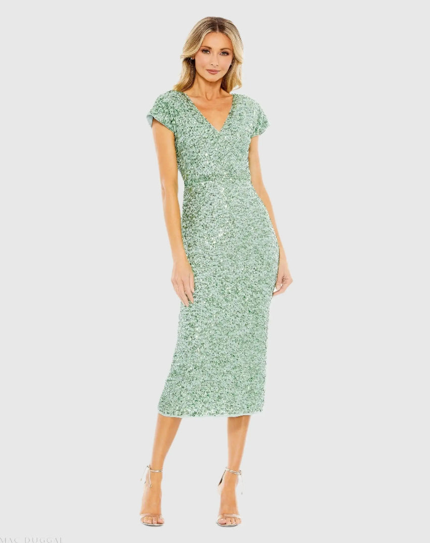 Green Sequined Cap Sleeve Wrap Over Cocktail Dress
