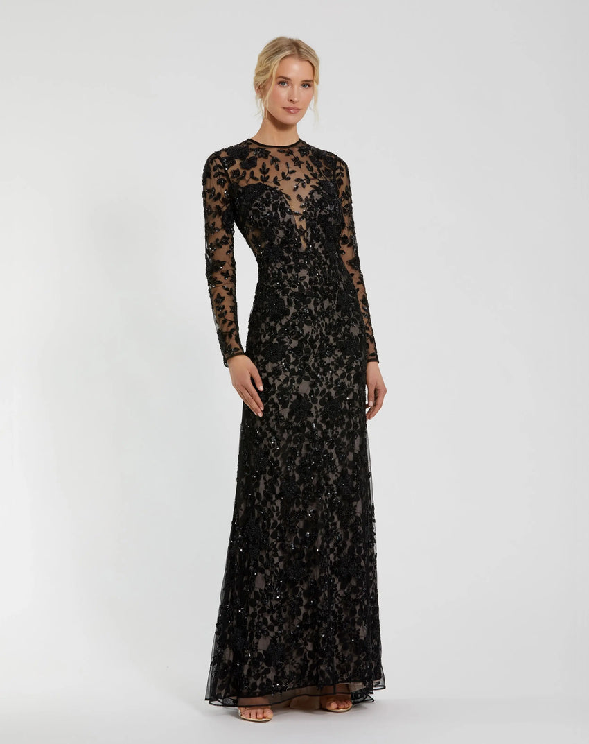 Black Long Sleeve Floral Embellished Gown