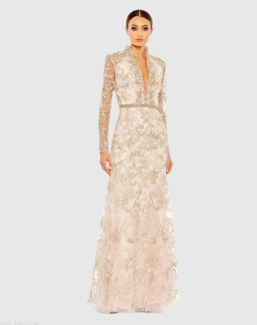 Pink Queen Anne Lace Long Sleeve V-Neck Trumpet  Gown