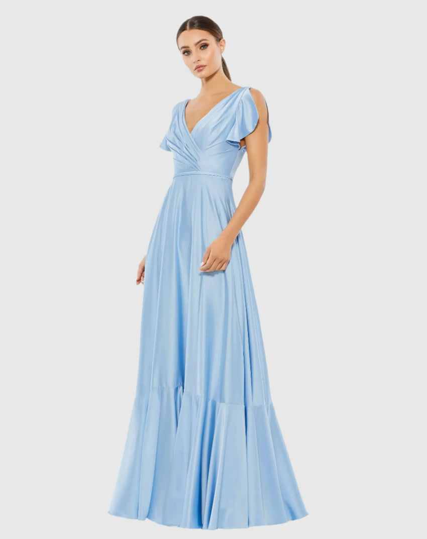 Blue Flounce Sleeve Satin Gown