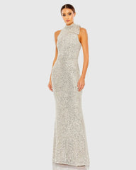 Silver Soft Tie Halter Neck Sequin Gown