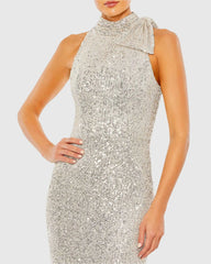 Silver Soft Tie Halter Neck Sequin Gown