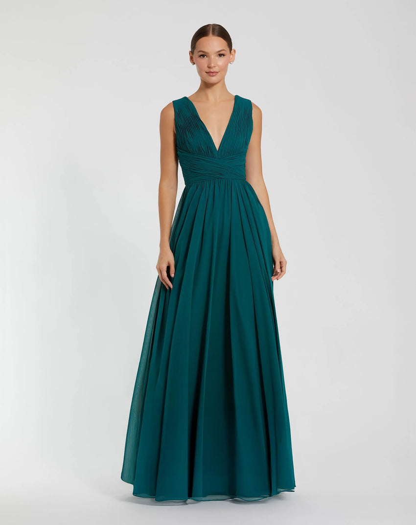 Teal Sleeveless Ruched V Neck Chiffon Gown