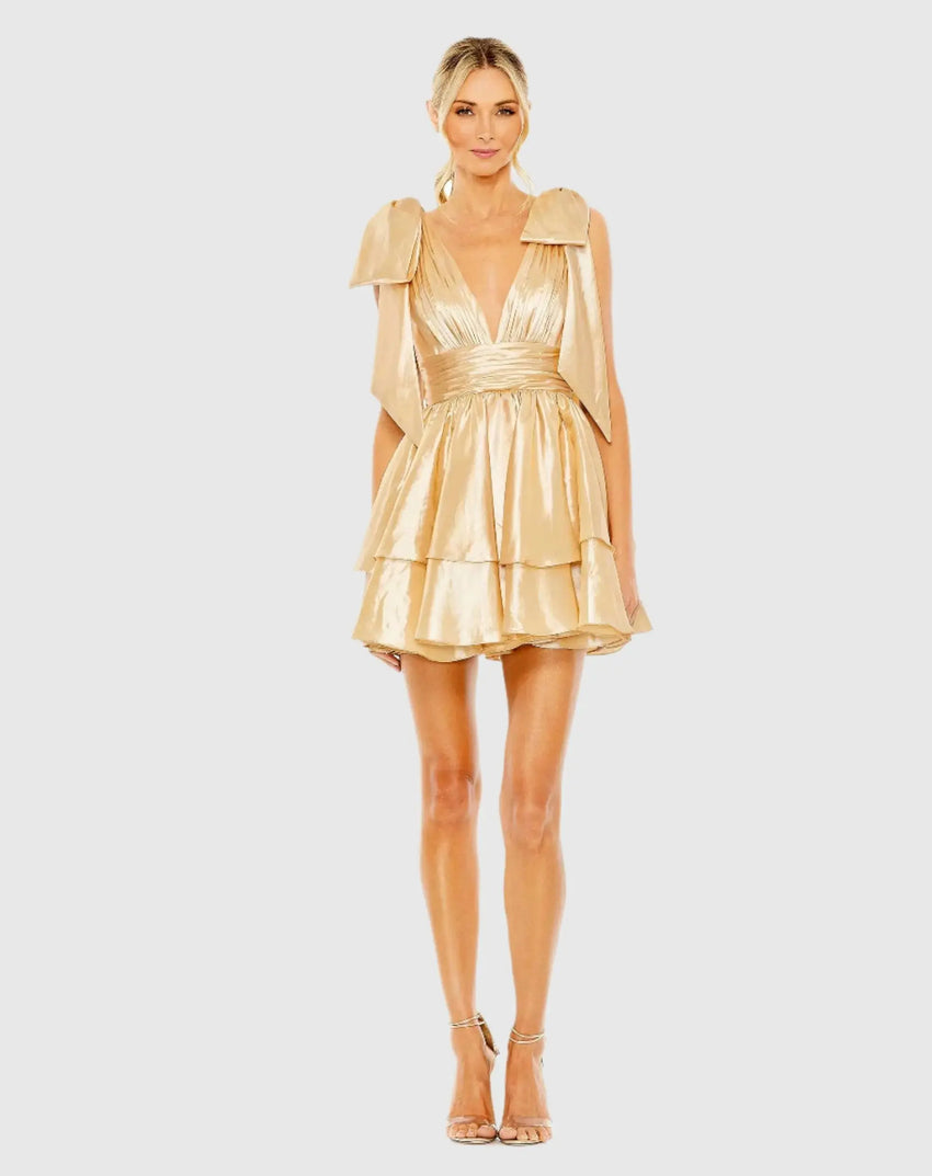 Gold Oversized Bow Deep V Ruffle Mini Dress