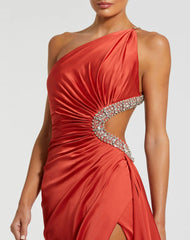 Red Jewel-Embellished Side Cut-Out A-Line Gown