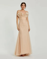 Beige Strapless Embellished Tulle Mermaid Gown