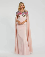 Sheer Cape Gown with Beaded Embroidery