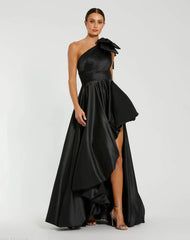 Black Satin One Shoulder Bow Gown With High-Low Hem