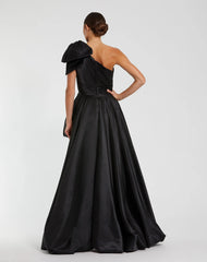 Black Satin One Shoulder Bow Gown With High-Low Hem