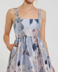 Blue Floral Printed Satin Gown with Pockets