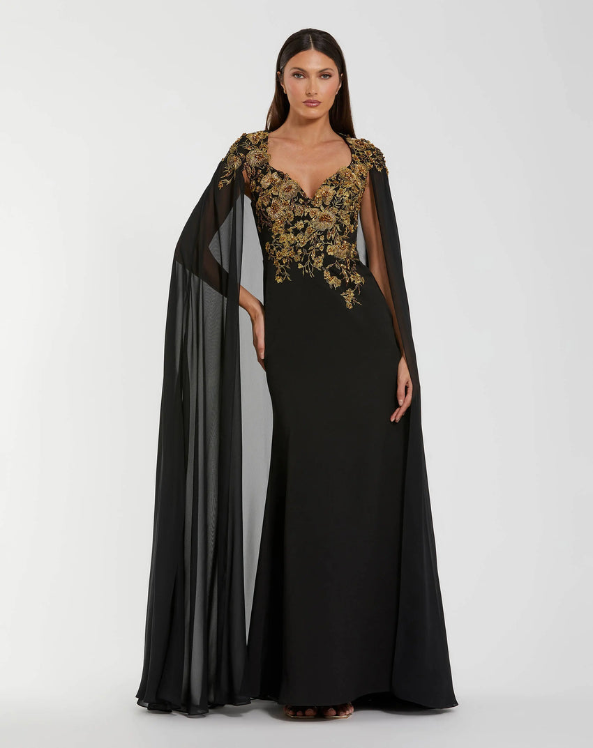 Black and Gold Embellished Column Gown with Chiffon Cape Sleeves