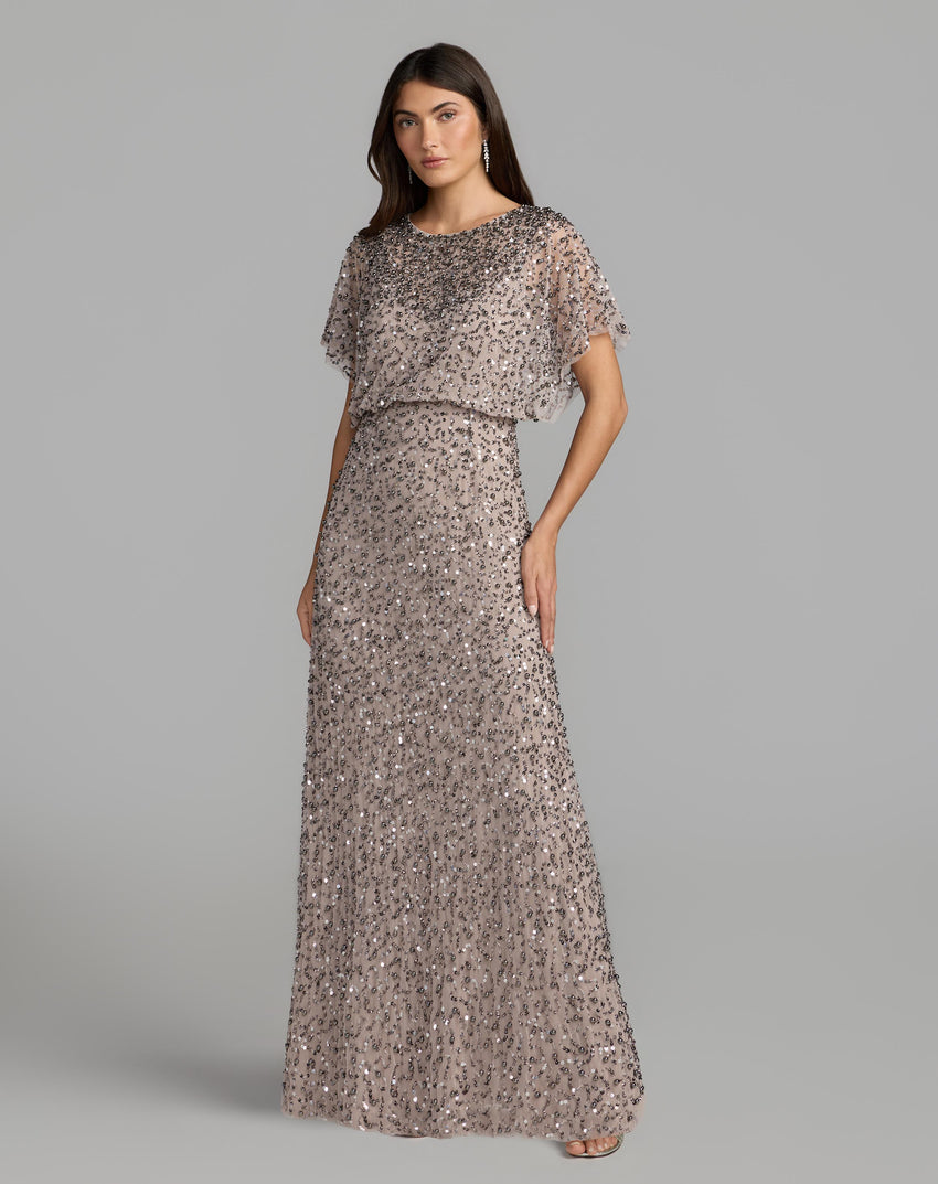 Lilac High Neck Short Sleeve Embellished Gown