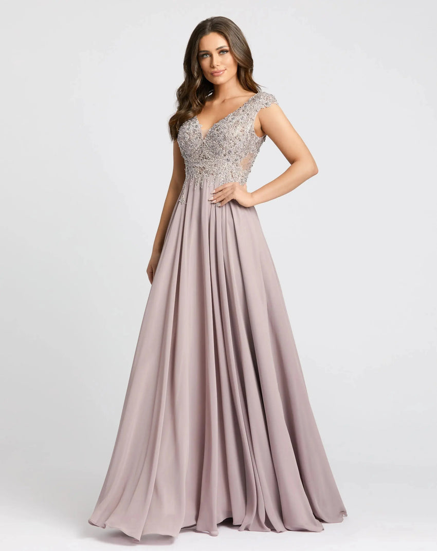 Light Purple Cap Sleeve Applique Bodice Flowy Gown