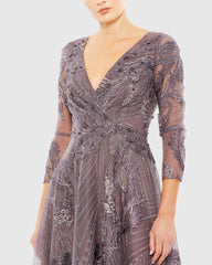 Purple Embellished Wrap Over 3/4 Sleeve Dress