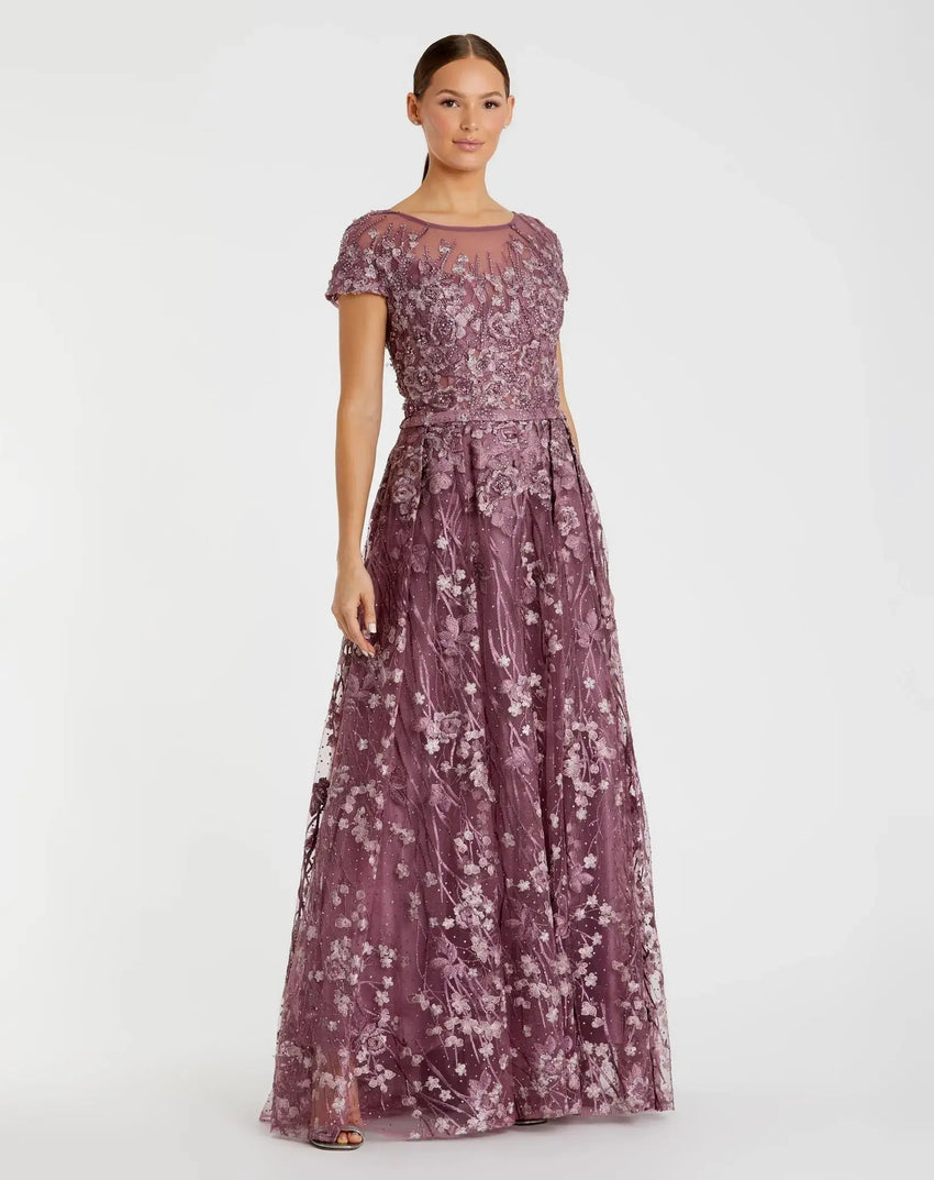 Purple Embellished Floral Cap Sleeve A Line Gown