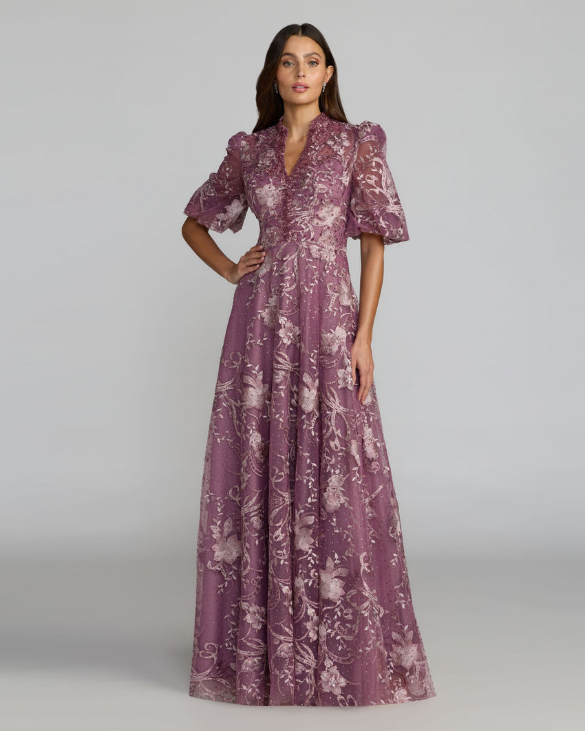 Wisteria Queen Anne Puff Sleeve Embroidered A-Line Gown