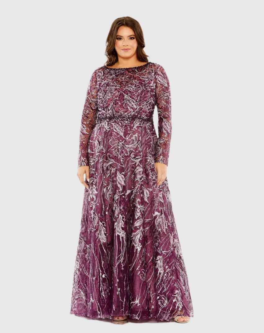 Purple Long Sleeve High Neck Embroidered Gown