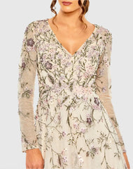 Beige V-Neck Long Sleeve Embroidered A-Line Floral Gown