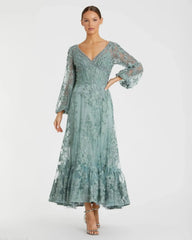 V-Neck Mesh Puff Sleeve A Line Embellished Tea Length Dress