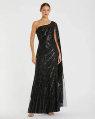 One Shoulder Cape Sleeve Embellished Gown