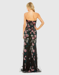 Black Floral Embroidered Strapless Gown