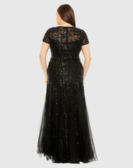 Black Hand Embellished Short Sleeve Gown (Plus)