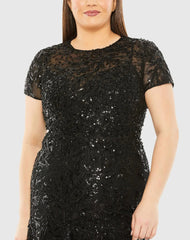Black Hand Embellished Short Sleeve Gown (Plus)