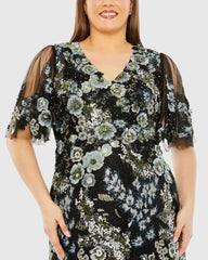 Black Sheer Sleeve V-Neck Floral Embroidered Gown (Plus)