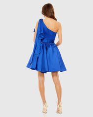 Blue One Shoulder Bow Satin Mini Dress