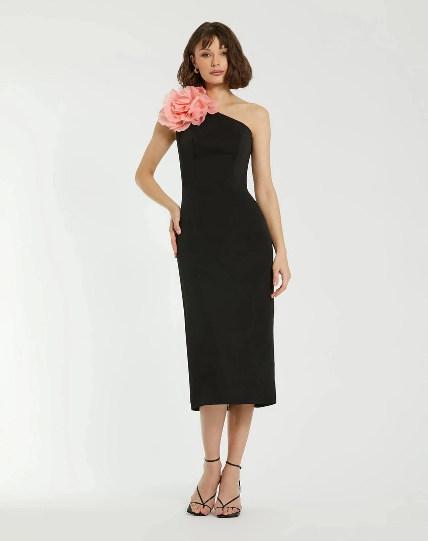Black Crepe One Shoulder Midi Dress With Flower