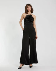 Black Crepe Halter Neck Jumpsuit With Flower