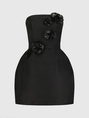 Black Strapless Faille Mini Dress With 3D Flower Detail