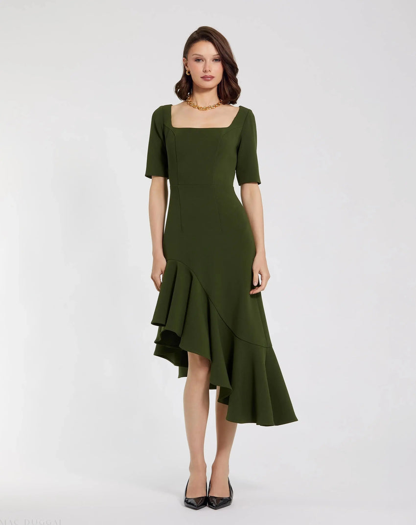 Dark Green Crepe 3/4 Sleeve Asymmetrical Hem Dress - FINAL SALE