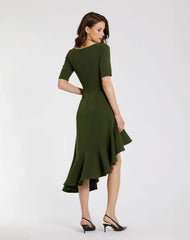 Dark Green Crepe 3/4 Sleeve Asymmetrical Hem Dress - FINAL SALE