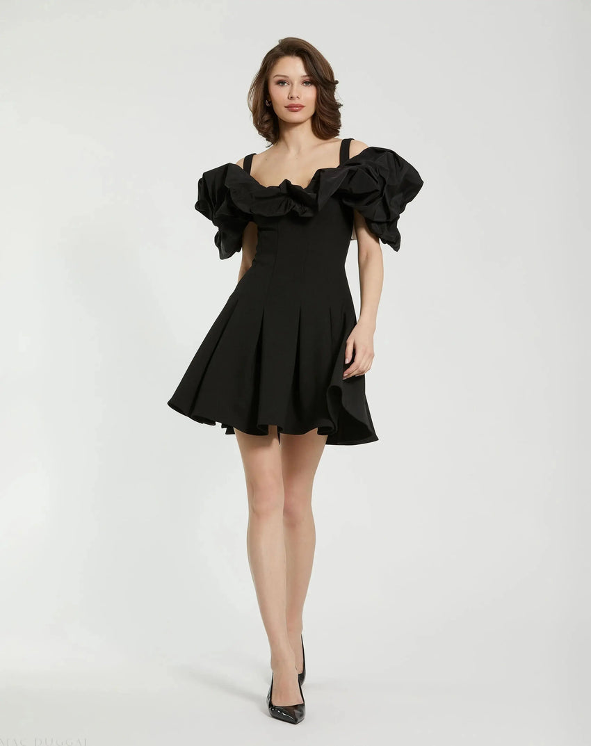 Black Crepe Godet Hem Mini Dress With Faille Ruffle