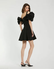 Black Crepe Godet Hem Mini Dress With Faille Ruffle