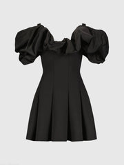 Black Crepe Godet Hem Mini Dress With Faille Ruffle