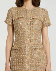 Beige Boucle Short Sleeve Mini Dress With Pockets