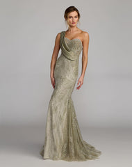 Sage Beaded One Shoulder Draped Mermaid Gown