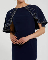 Navy Crepe High Neck Fitted Gown With Beaded Shawl