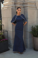 Navy Crepe High Neck Fitted Gown With Beaded Shawl