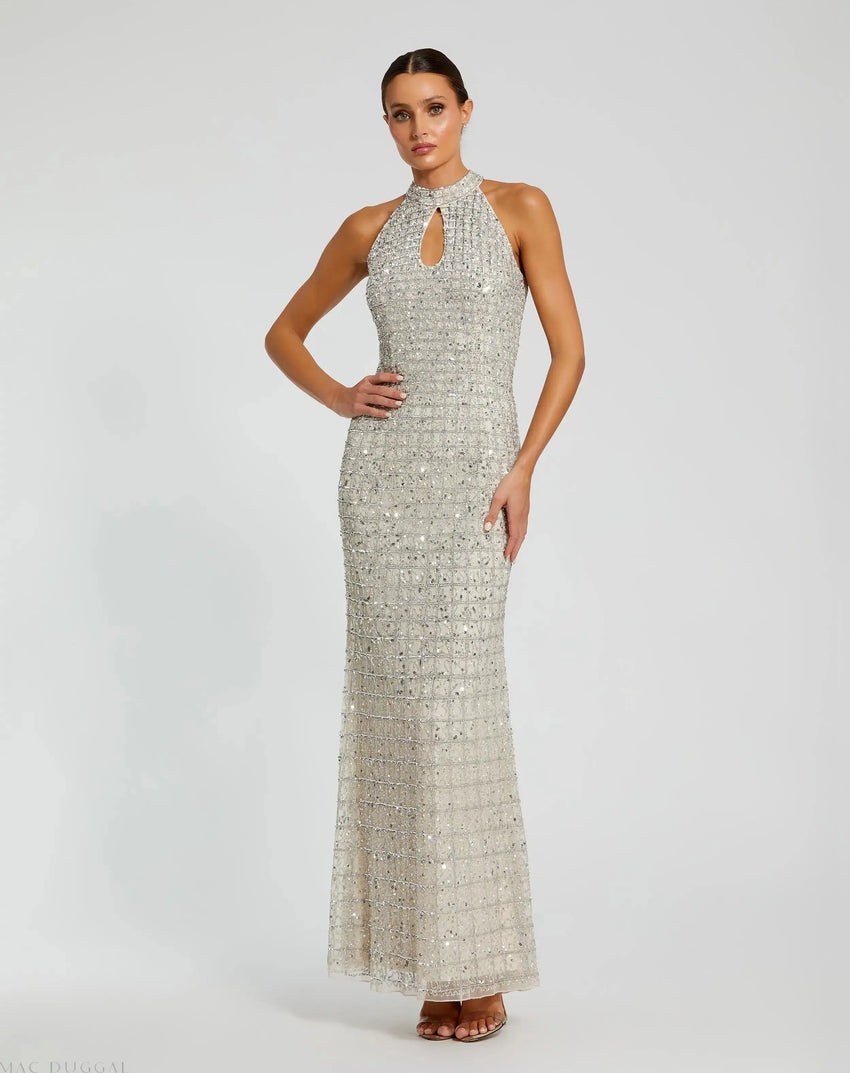 Silver Embellished Halter Neck Keyhole Gown
