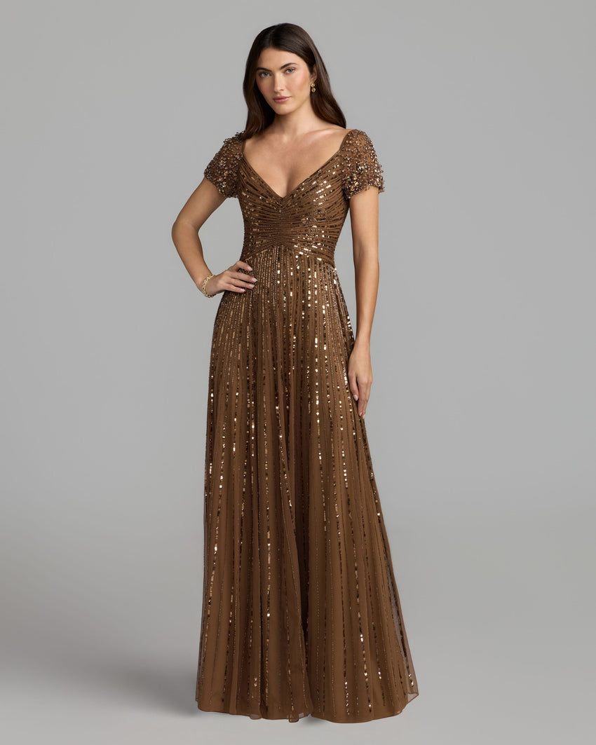 Sequined Evening Gown With Embellished Shoulders