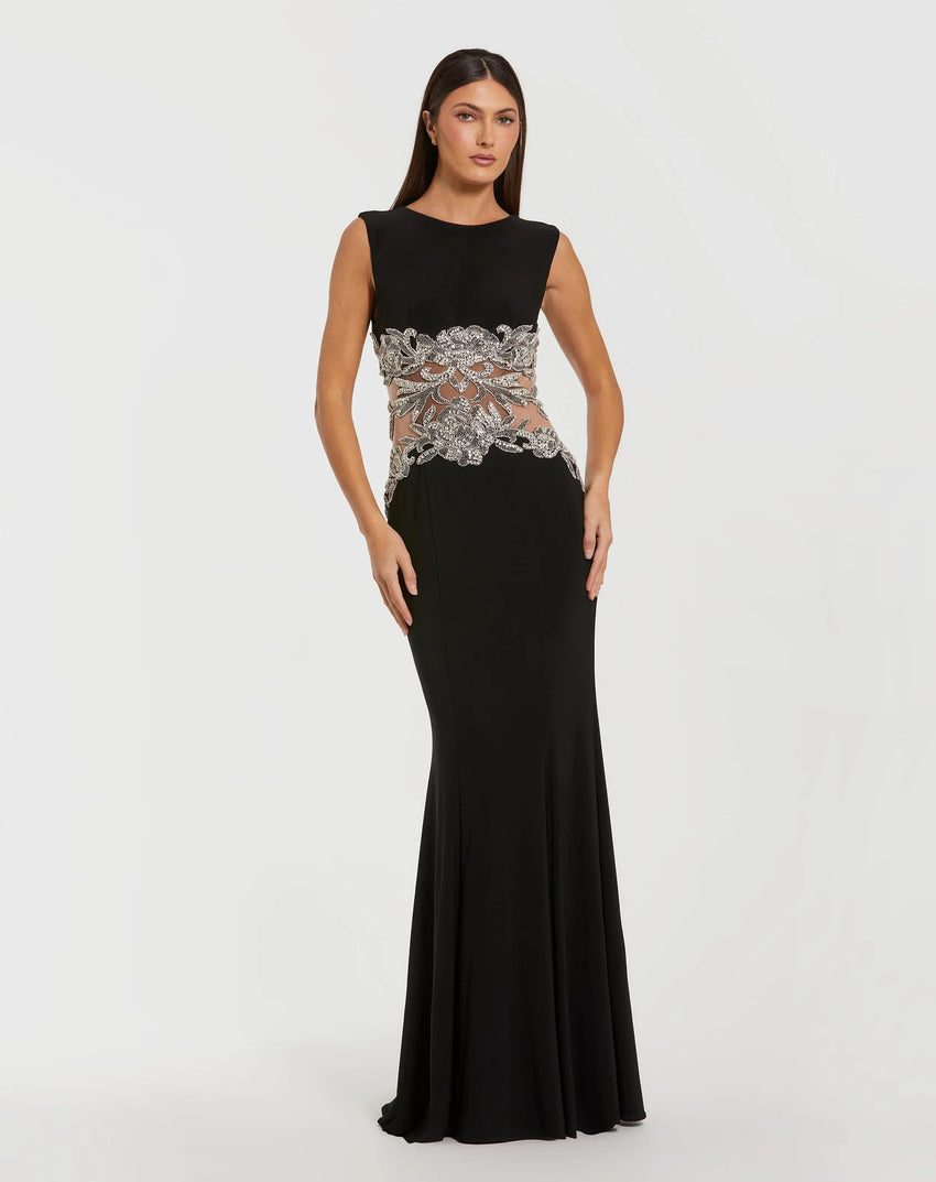 Black Sleeveless Jersey Gown With Beaded Waist Detail