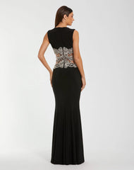 Black Sleeveless Jersey Gown With Beaded Waist Detail