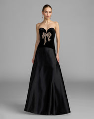 Black Gold Strapless Velvet Gown With Bow Detail