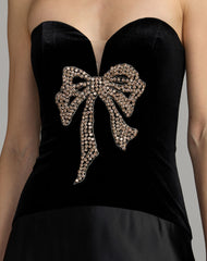 Black Gold Strapless Velvet Gown With Bow Detail