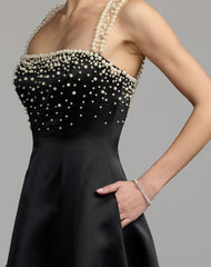Black A-Line Pearl Embellished Satin Gown