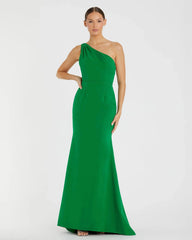 Green One Shoulder Crepe Mermaid Gown